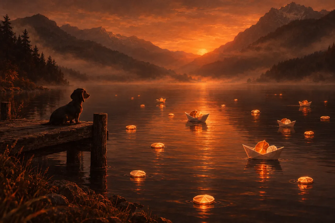 Paper boats carrying glowing coins on a calm lake