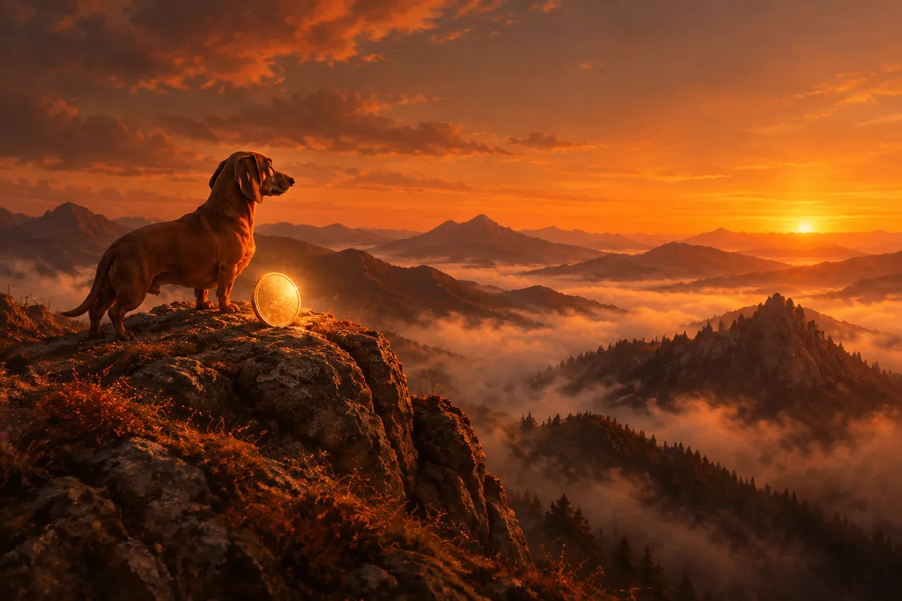 Dawn on a mountain ridge beside a glowing coin